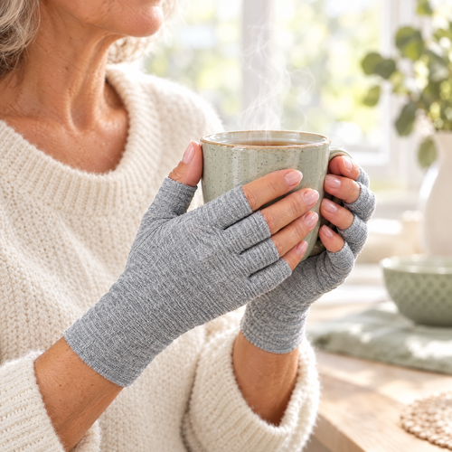 Mani con i guanti Manibù grigio chiaro che tengono una tazza di tè