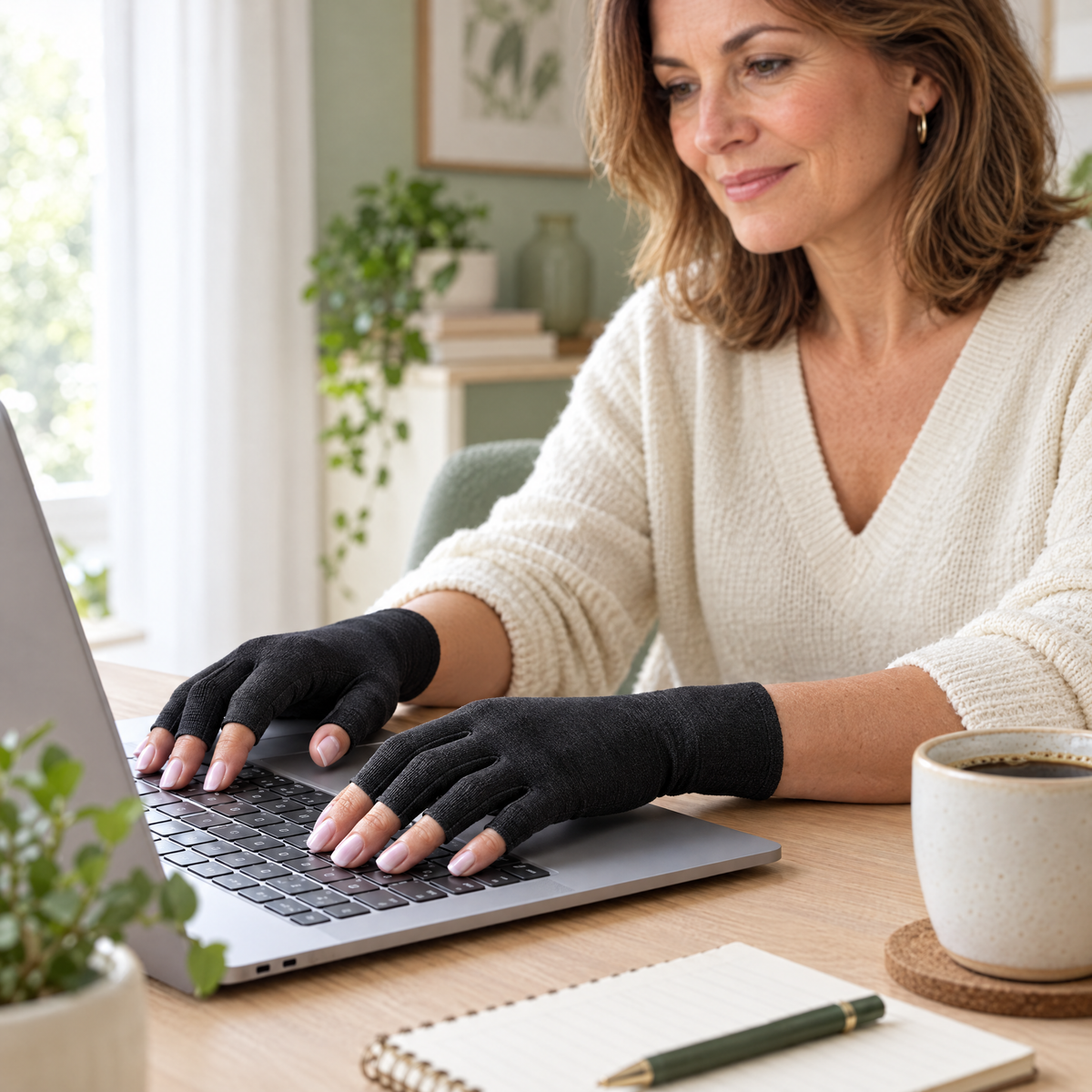 Donna al computer con i guanti Manibù neri