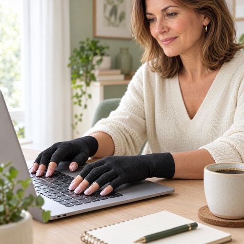 Donna al computer con i guanti Manibù neri