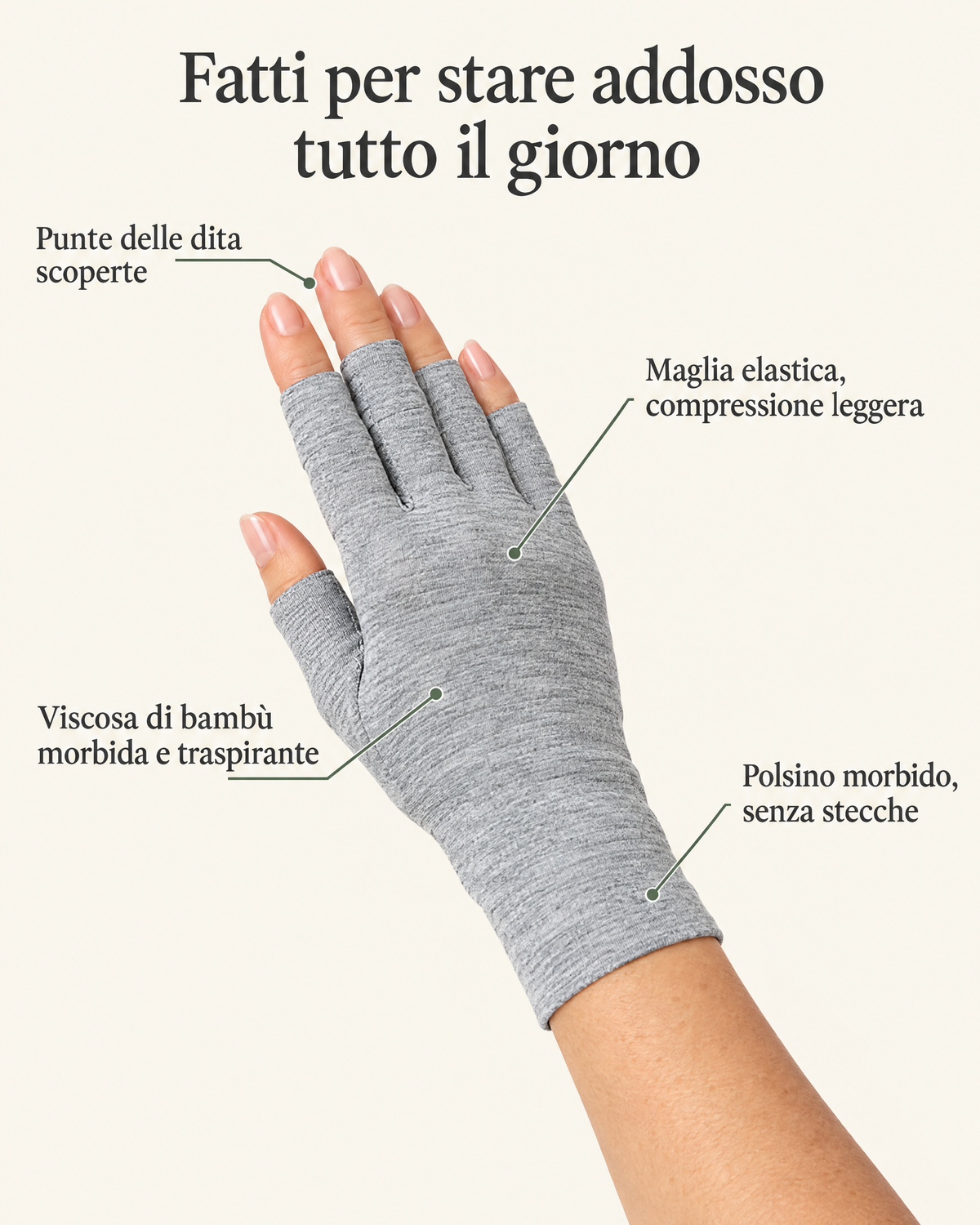 Dettagli del guanto Manibù: punte delle dita scoperte, maglia elastica, viscosa di bambù, polsino morbido