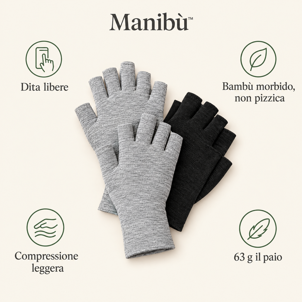 Guanti Manibù in bambù grigio chiaro e nero: dita libere, bambù morbido, compressione leggera, 63 g il paio