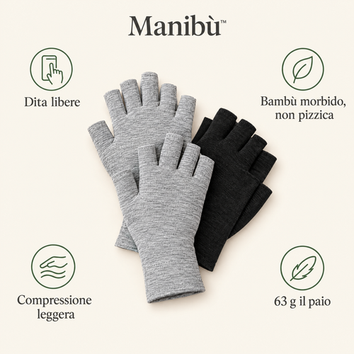 Guanti Manibù in bambù grigio chiaro e nero: dita libere, bambù morbido, compressione leggera, 63 g il paio