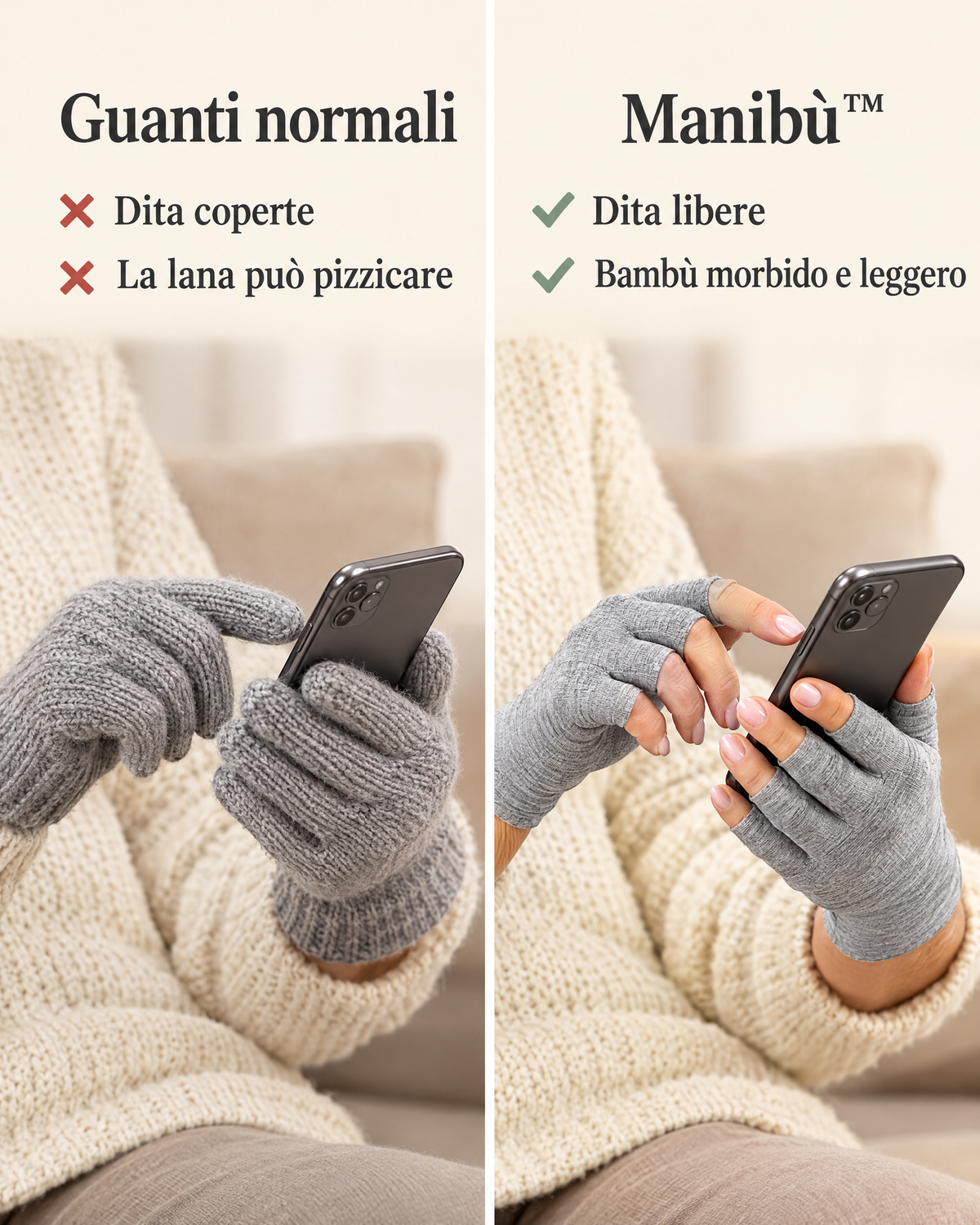 Confronto: guanti di lana a dita coperte e guanti Manibù a dita libere col telefono